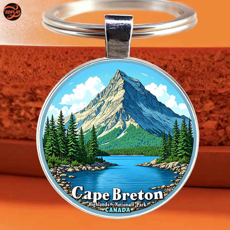 TEMU 1pc Round Keychain, National Park Of Canada Scenery Theme Keychain, Retro Travel Poster Style Of Towering Rugged And Mirrored , Suitable For Car