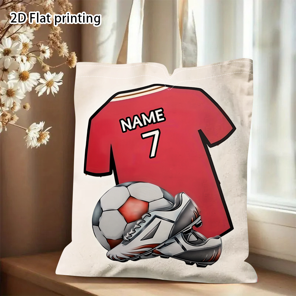 TEMU Personalized Customizable Pattern Sporty Red Soccer Jersey With Football And Cleats Stylish Art Design Shopping Bag