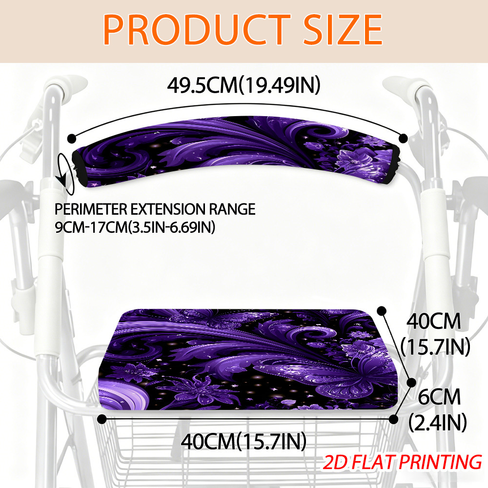 TEMU 2d Flat Print Purple Butterflies And Flowers Walker Seat And Backrest Cover Set, Removable Washable Rollator Cushion Protector For Adults, 2d