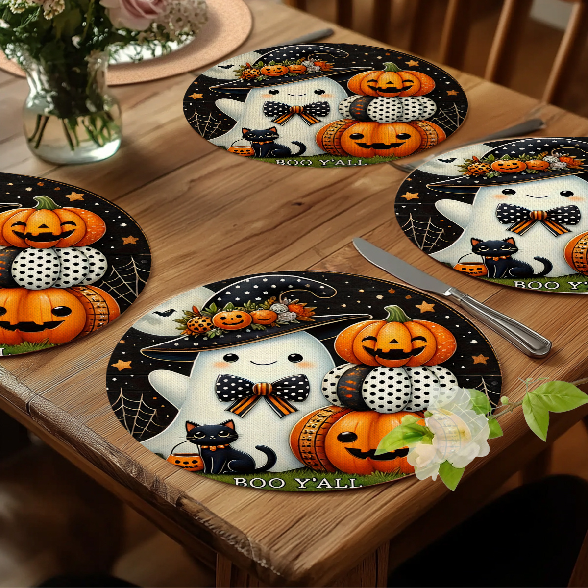 TEMU 4pcs 2d Flat, Multipurpose Halloween-themed , Pumpkin And Black Cat Design Placemats, Polyester Material, 15x15 Inches