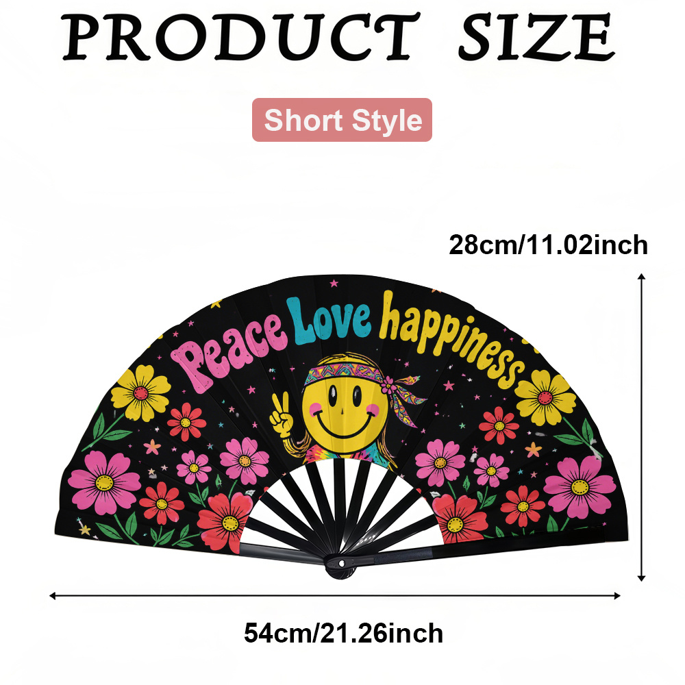 TEMU A Women's Folding Fan, Featuring A Face And Peace, And Floral Patterns. A Stylish Folding Fan, Perfect For Parties And Music Festivals. Portable