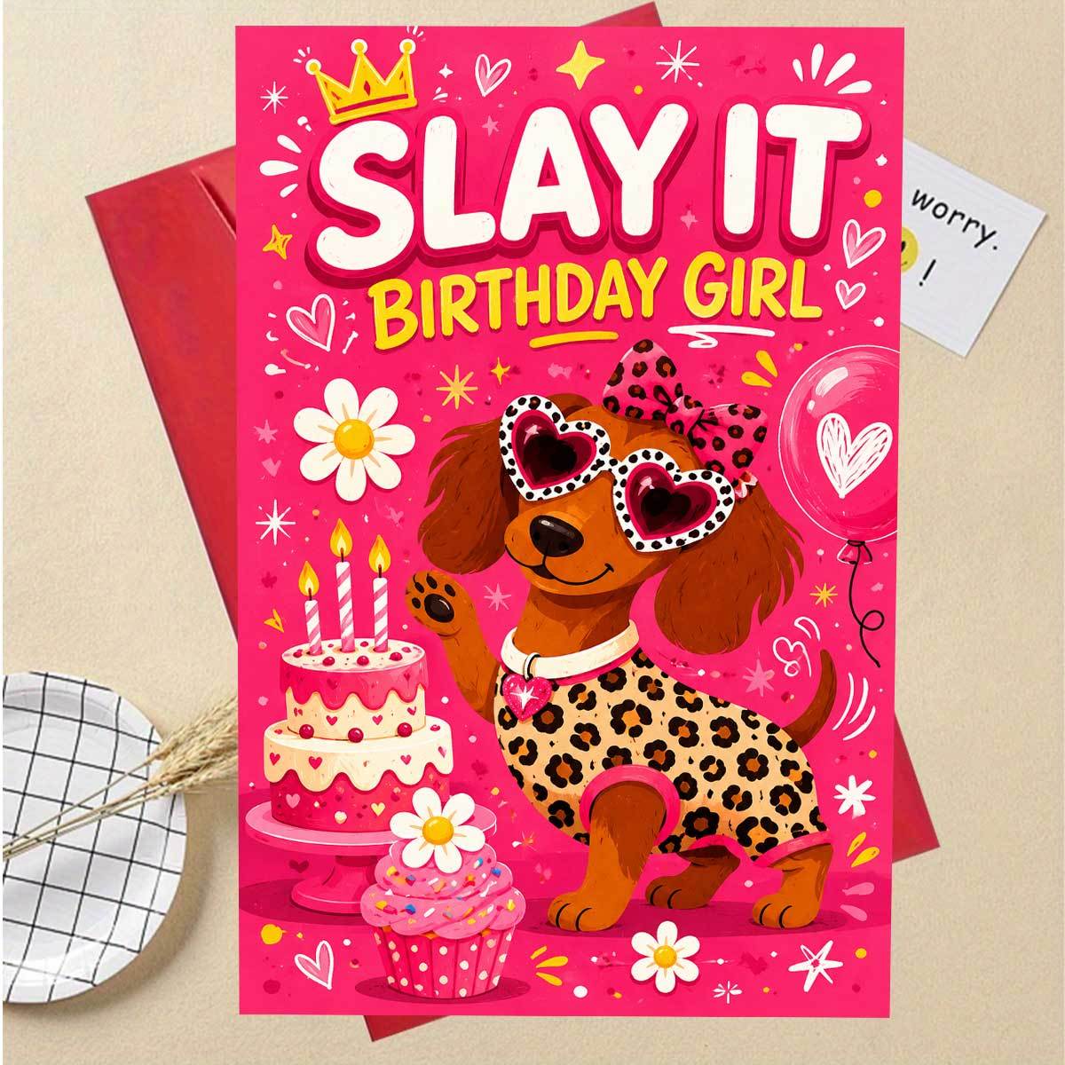 TEMU 1 Set (envelope And Card) Stylish Leopard Print Dog Birthday Greeting Card Birthday Girl Pink Theme With Cake For Best Friend