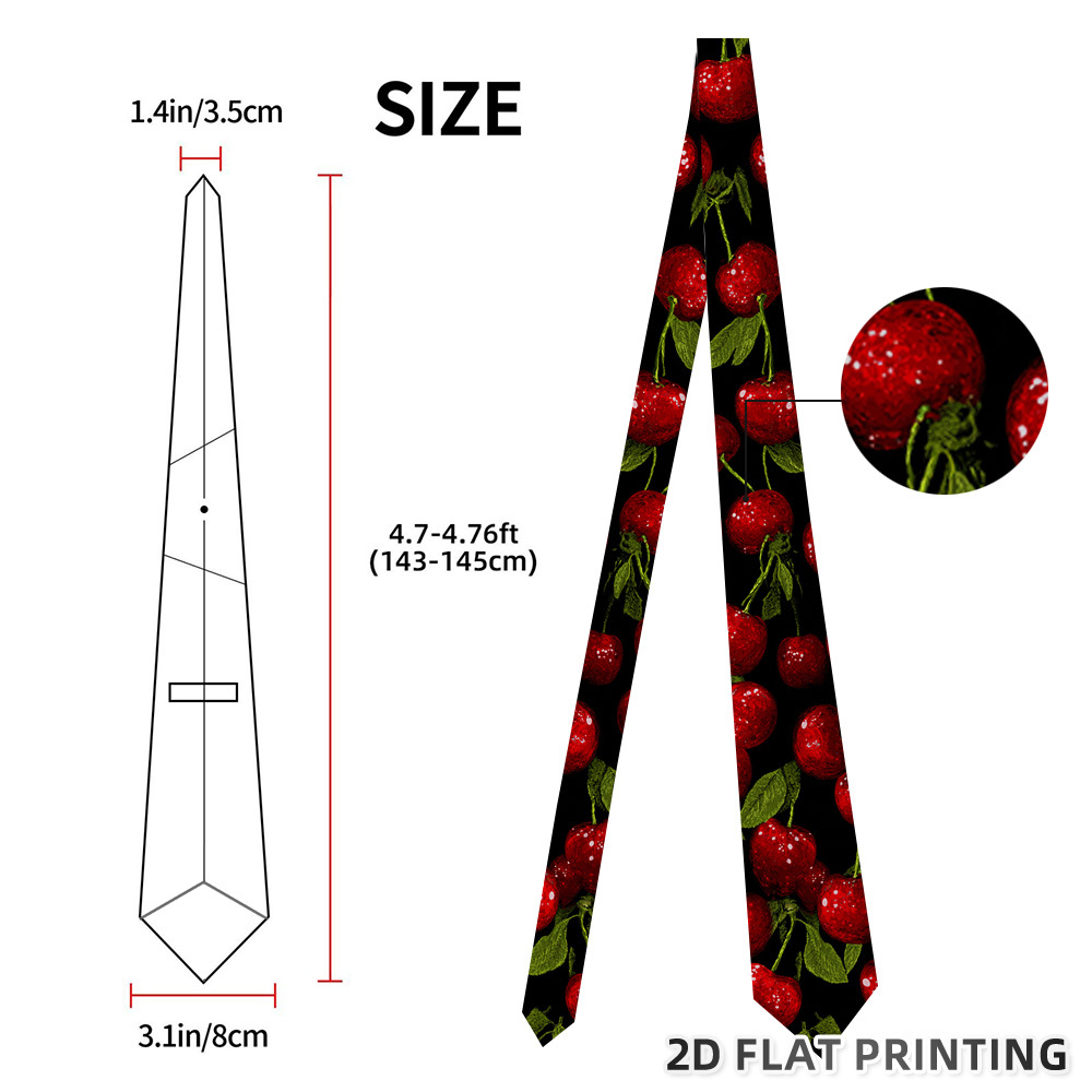 TEMU 2d Flat Printing 1pc Red Cherries Print Tie,suitable For Workplace, Interviews, Business Activities, Weddings, And Daily Casual Suit , 2d Flat