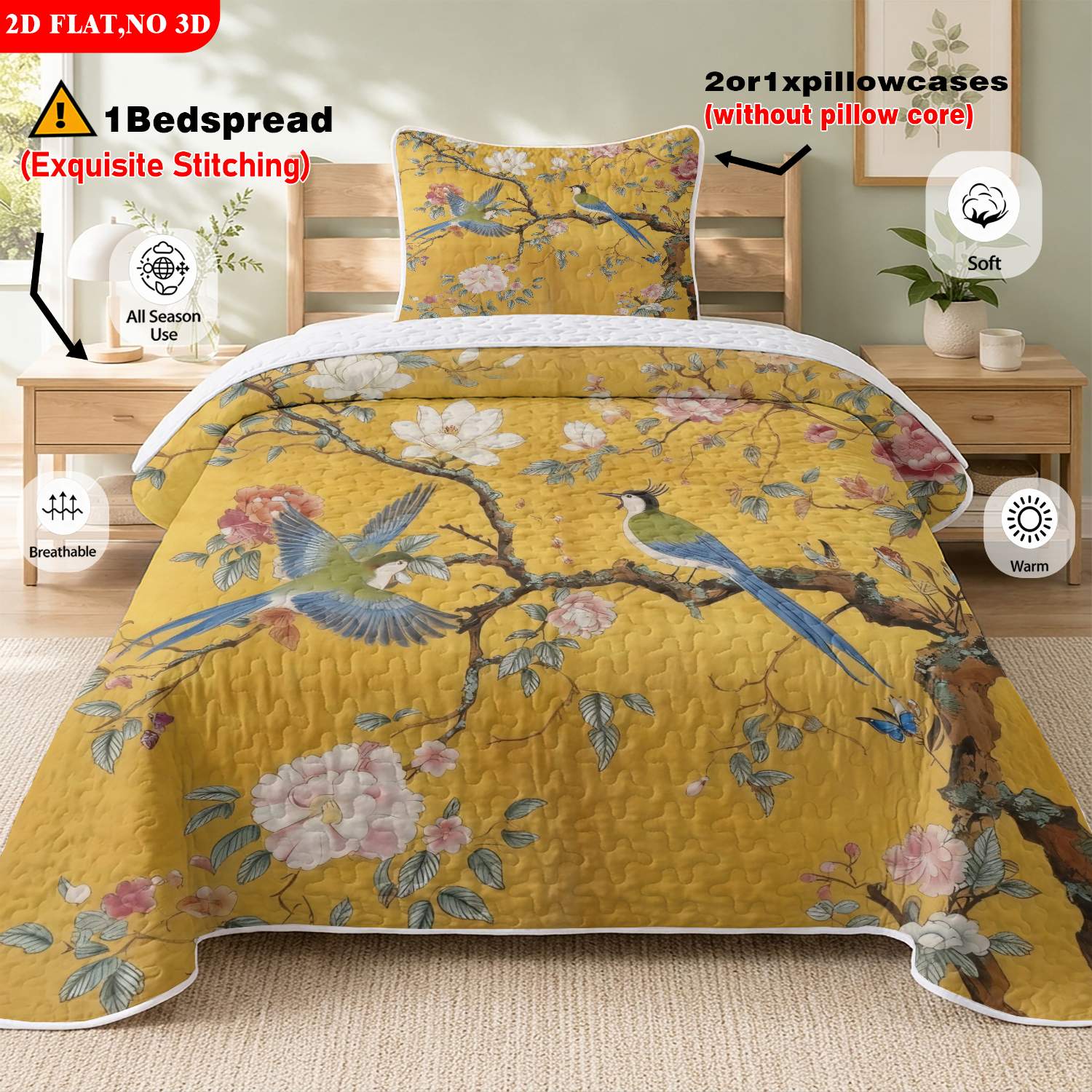 TEMU 2/3pcs 2d Flat Print Chinese Style Bed Cover Set With Floral Bird Pattern Multiple Sizes Available Bedding Festive Decorative Bedding Ideal For