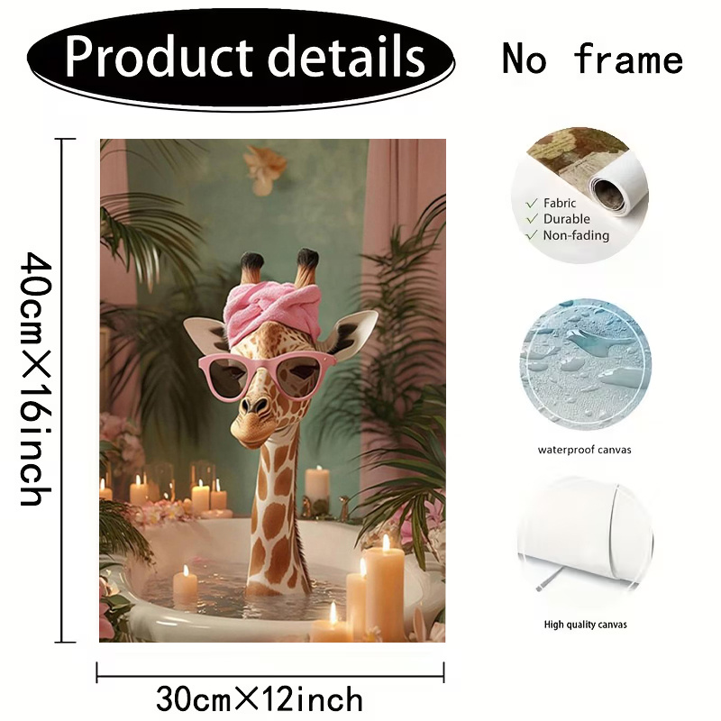 TEMU 2d Flat, 2d Flat, [posters And Prints] Product Flat Canvas Painting 1pc Frameless Fun Giraffe Bathtub Wall Art Jungle Theme Pink Fashion Glasses
