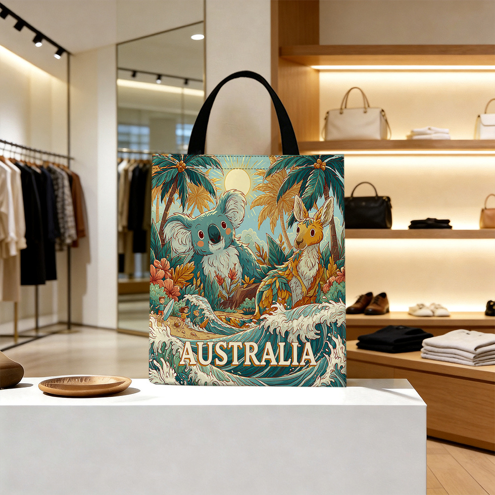TEMU 1pc, Women's Handbags, Australia Koala And Kangaroo Tote Bag - Retro Vintage Suitable For Daily Commute, School, Beach, Durable Rectangular
