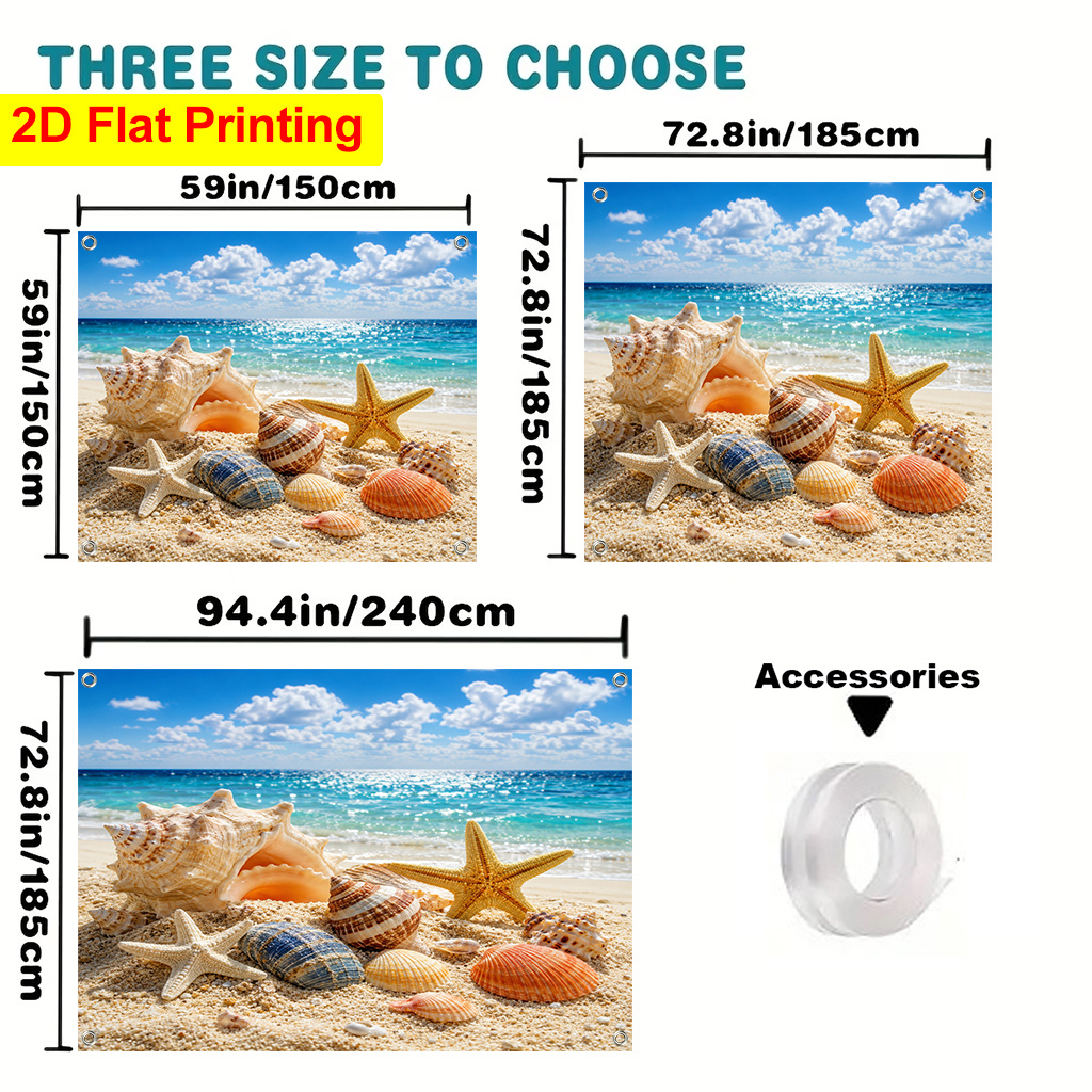 TEMU 2d Flat Printing Sunshade Curtain 1pc, Seashells And Starfish Beach Canopy, Lightweight Polyester, And Storage, Suitable For Beach, Camping,