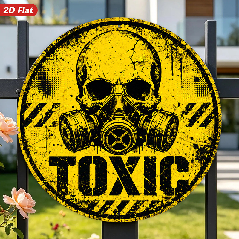 TEMU 2d Flat, 1pc Round Metal Sign Wall Art, Vintage , Gas Mask Art, Warning Stripes, Toxic Text, Industrial Style Home Decor, For Bar, Man Cave,