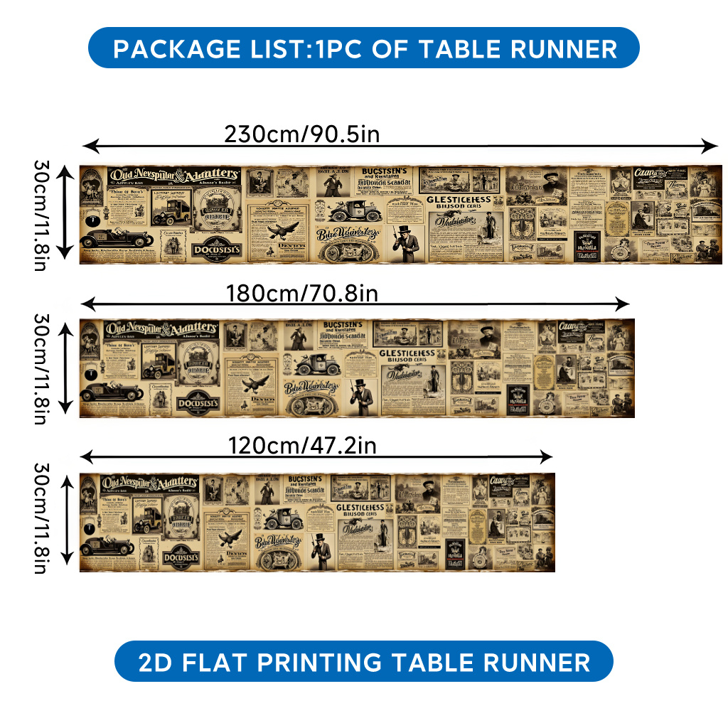 TEMU Chemin de table plat 2D à imprimé 1pc, chemin de table rétro en polyester avec collection d'annonces de journaux, pour décorations de table,