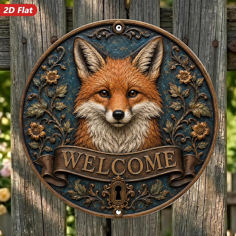 TEMU 2d Flat, 1pc Round Metal Sign Wall Art, Fox Portrait Home Decor, Floral Elements, Rustic Style, Welcome Sign, For Entryway, Living Room, Patio,