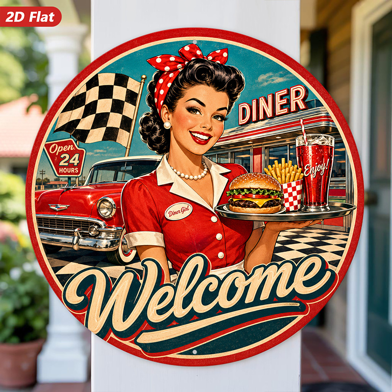 TEMU 2d Flat, 1pc Round Metal Sign Wall Art, Retro Diner - Themed Wall Art, Girl Design, Checkered Flag Element, Vintage Style, Home Decor, For