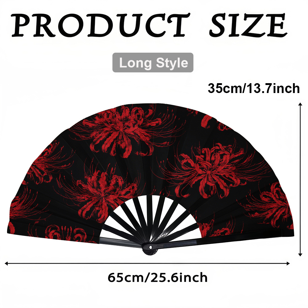 TEMU 1pc Women's Folding Fan, Dark Red Spider Lily Print, Fashionable Folding Fan, Trendy For Parties And Music Festivals, Portable Design, Summer