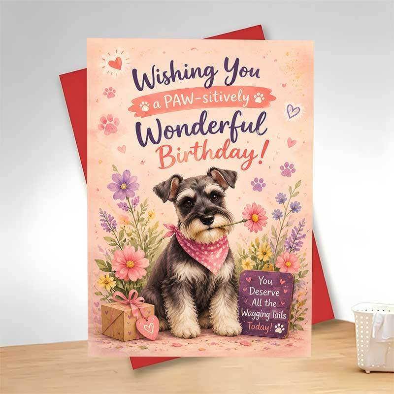 TEMU 1 Greeting Card And 1 Envelope Adorable Dog Birthday Greeting Card, Cute Schnauzer With Flowers And Gift Box " A Paw Sitively Wonderful