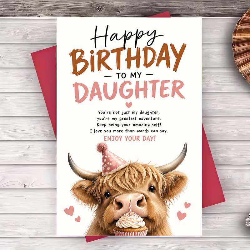 TEMU 1 Greeting Card + 1 Envelope Happy Birthday Greeting Card For Daughter Highland Cow Design Flat Note Card For Birthday Celebration And Special