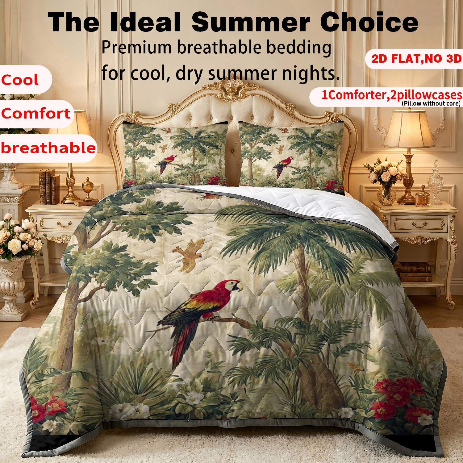 TEMU 2/3pcs Thin Quilt 2d Flat Print Tropical Jungle Parrot Palm Floral Pattern Machine Washable And Resistant To Deformation, Available In Multiple
