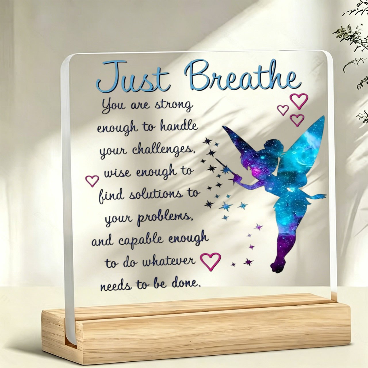 TEMU 1pc Starry Sky Elf And "just Breathe" Motto Ornament, Warm And Inspirational Quote, Acrylic Ornament With Wooden Base, Paperweight, Office Desk