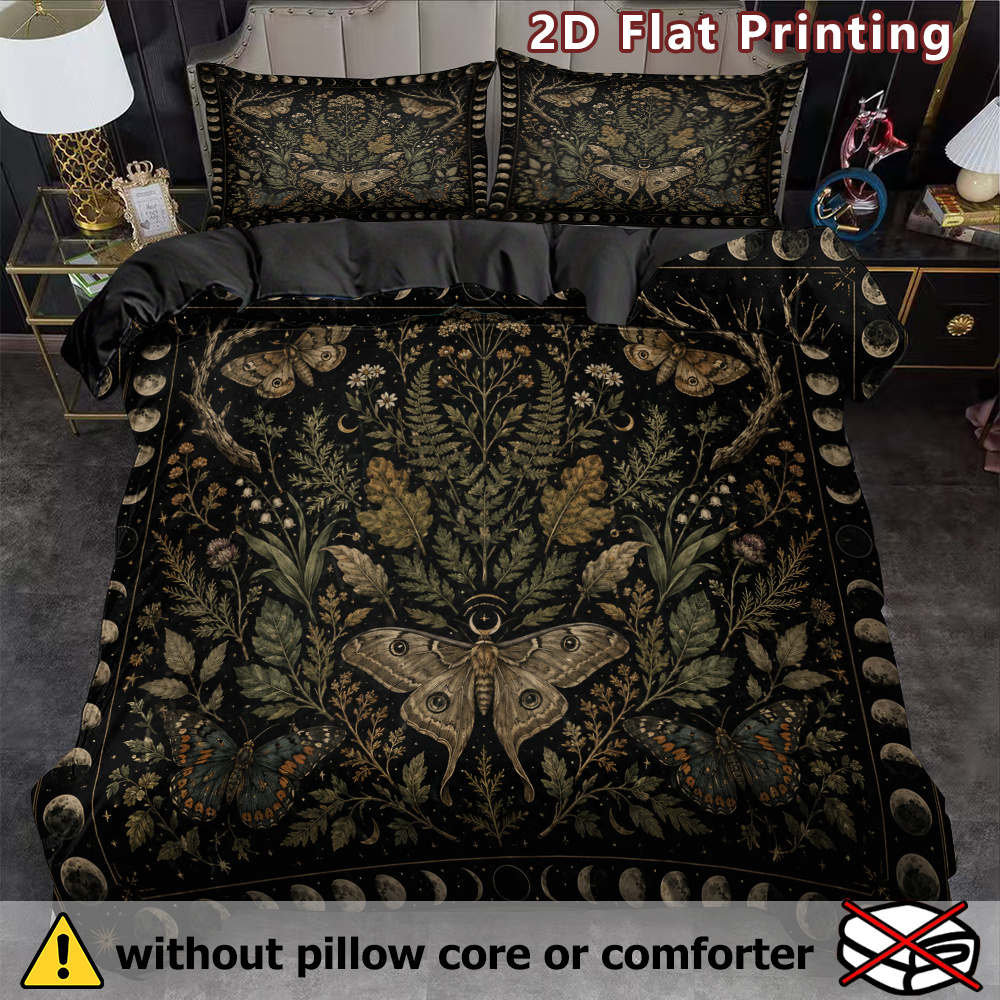 TEMU 3pcs 2d Flat Moth Phase Duvet Cover Set, Vintage Print, Nature Theme, Breathable Polyester, , Machine Washable, , No Insert For Bedding (1duvet