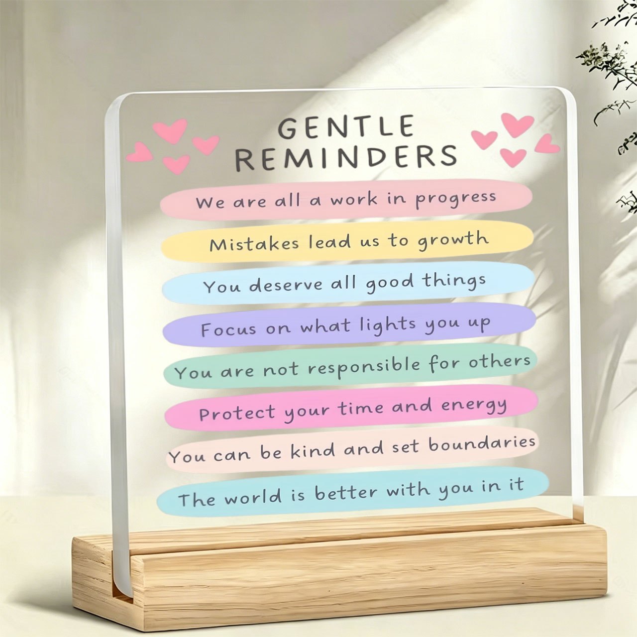TEMU 1pc Inspirational Quote And "gentle Reminders" Slogan Ornament, Warm And Encouraging Slogan, Acrylic Ornament With Wooden Base, Paperweight,