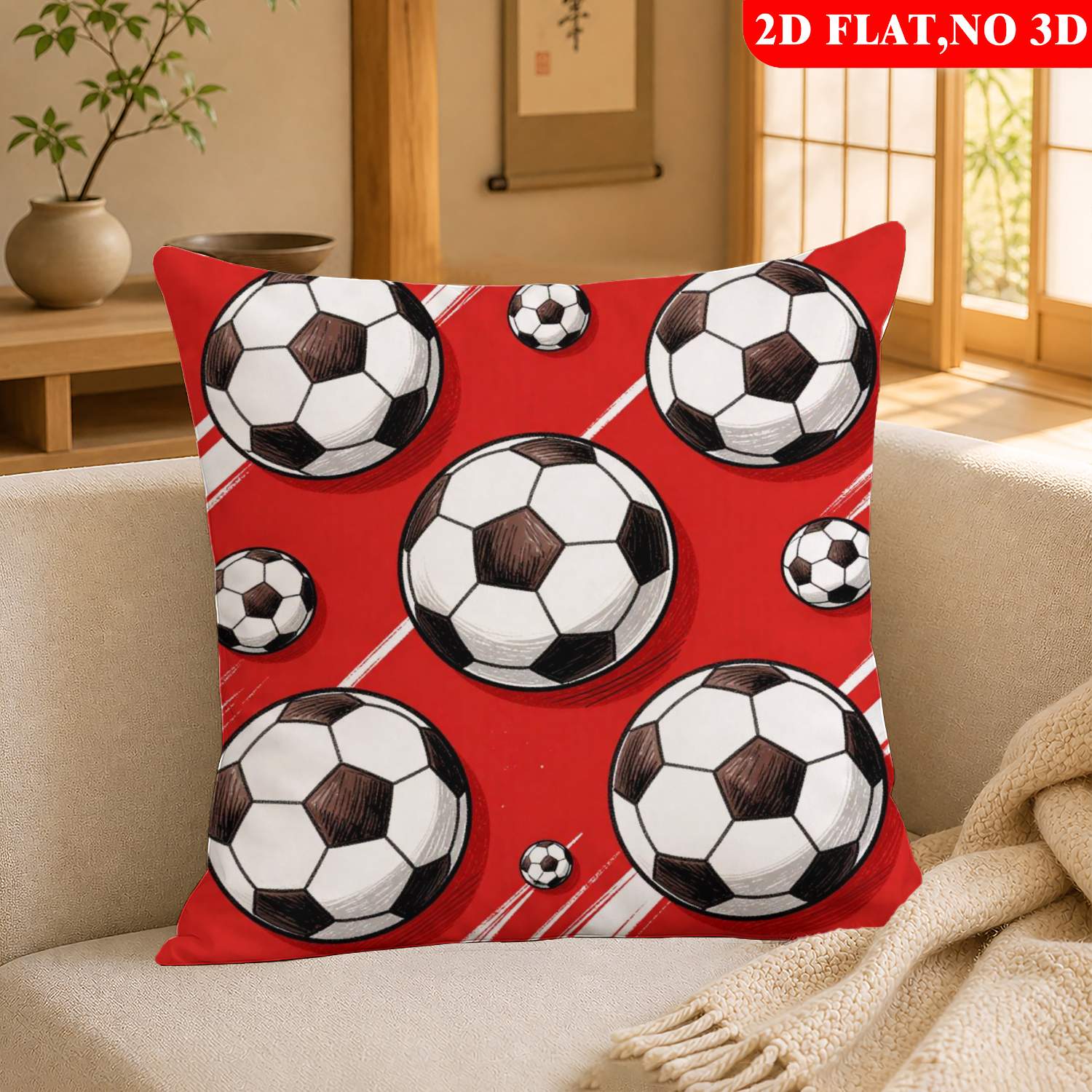 TEMU 1 stuk sierkussenhoes (kussenvulling niet inbegrepen), 2D platte print sportstijl rode achtergrond met zwart-wit voetbalpatroon – Geschikt als