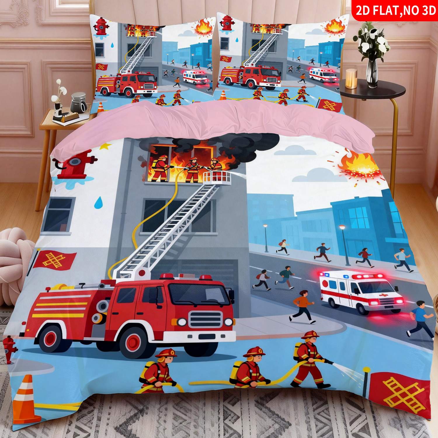TEMU 2/3pcs 2d Flat Printing Modern Firefighting Theme Quilt Cover Bedding Multicolor Fire Truck Firefighter Print Suitable For Multiple Sizes 4