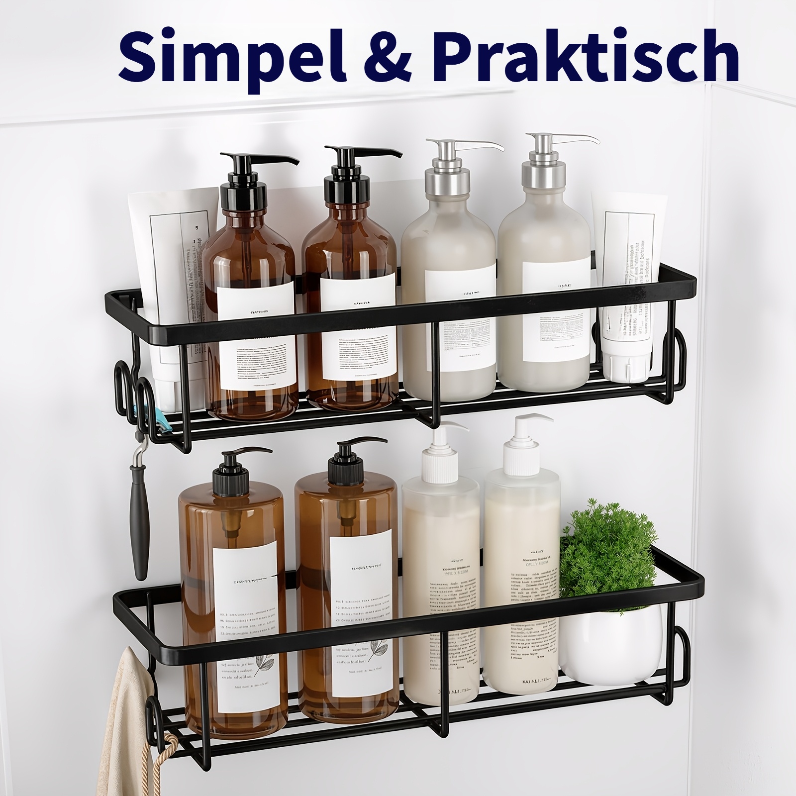No-drill Shower Caddy Set, Large Capacity Wall Mounted Bathroom Organizer With Soap Holder And Hooks, Quick-drain Storage Shelf For Bathroom And Kitchen, Rustproof Space- Design