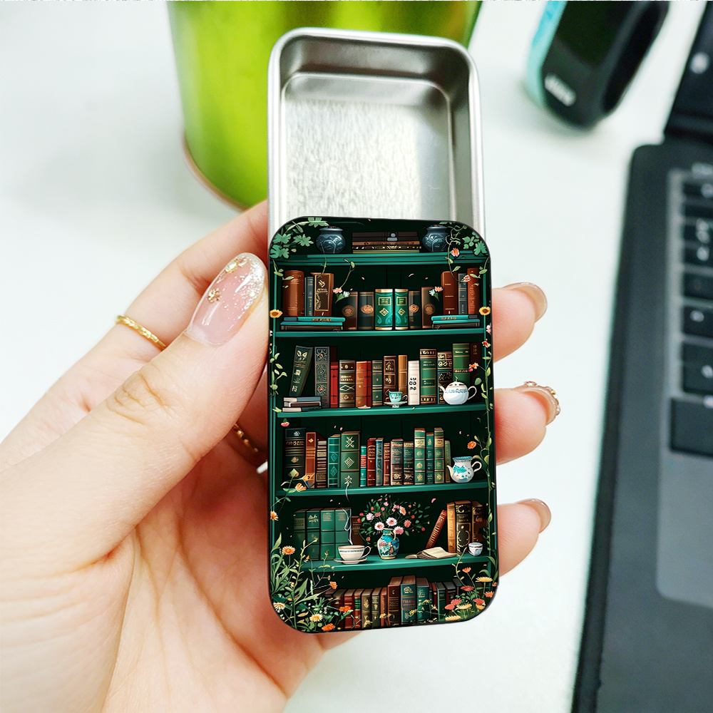 TEMU 2d Printed Vintage Storage Box: A Multi-functional Sliding Lid Tin Box Printed With Bookshelf Pattern, Portable Design, Great For Holiday Gifts