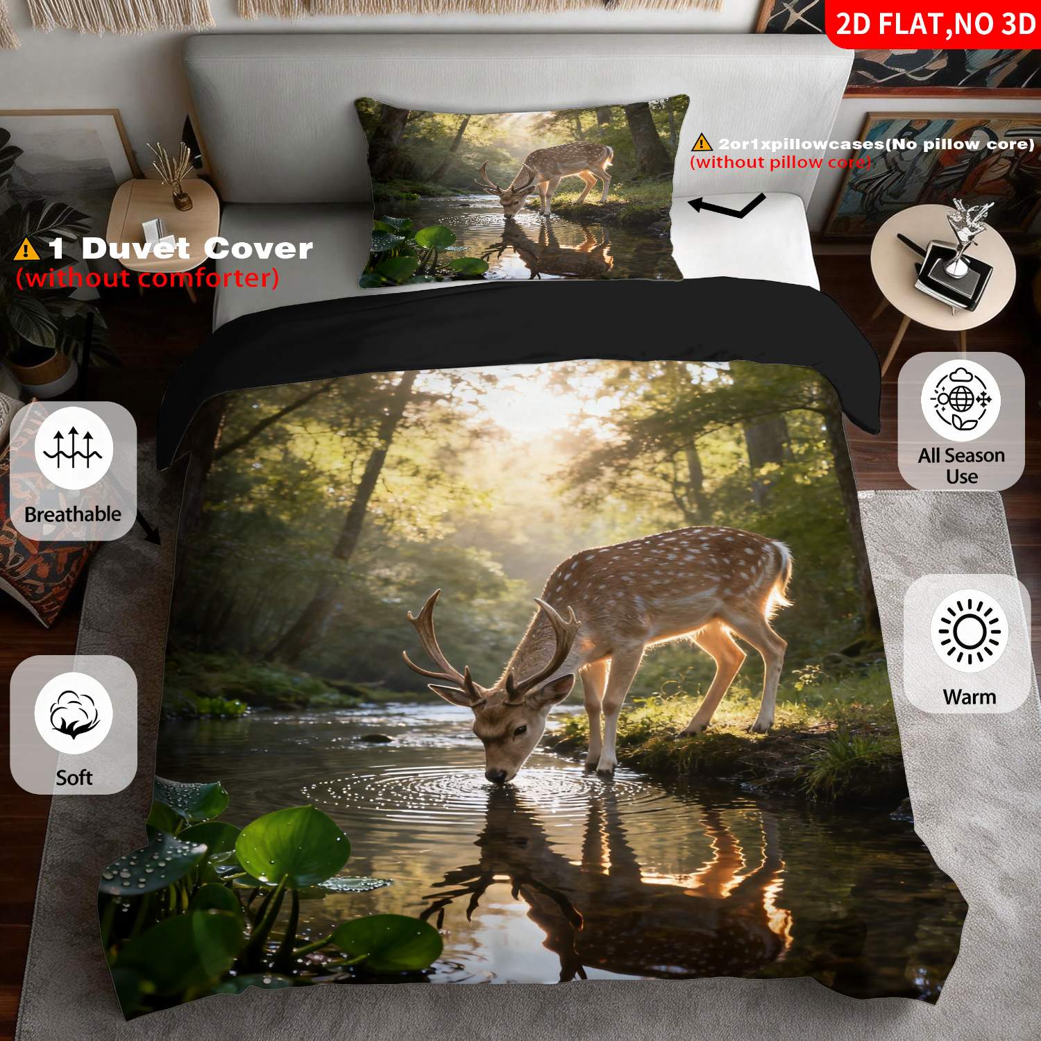 TEMU 2/3pcs 2d Flat Printing Natural Scenery Deer In Forest Quilt Cover Bedding Green Brown Animal Print Suitable For Multiple Sizes 4 Lining Colors