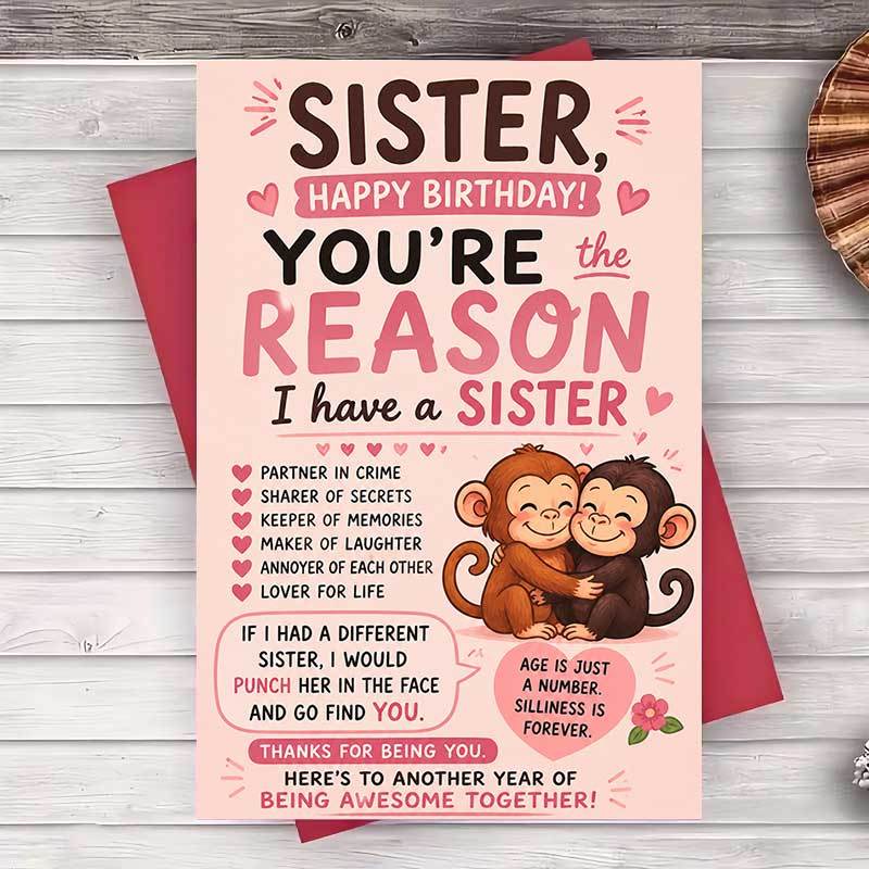 TEMU 1 Envelope And 1 Greeting Cardfunny Birthday Greeting Card For Sister Cute Monkey Design Message For Best Sister Gift For Birthday Celebration
