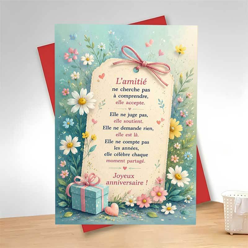 TEMU Elegant Floral Birthday Greeting Card + 1 Envelope, Featuring A Gift Box And Daisies With A French Friendship Quote, Perfect For , Birthday
