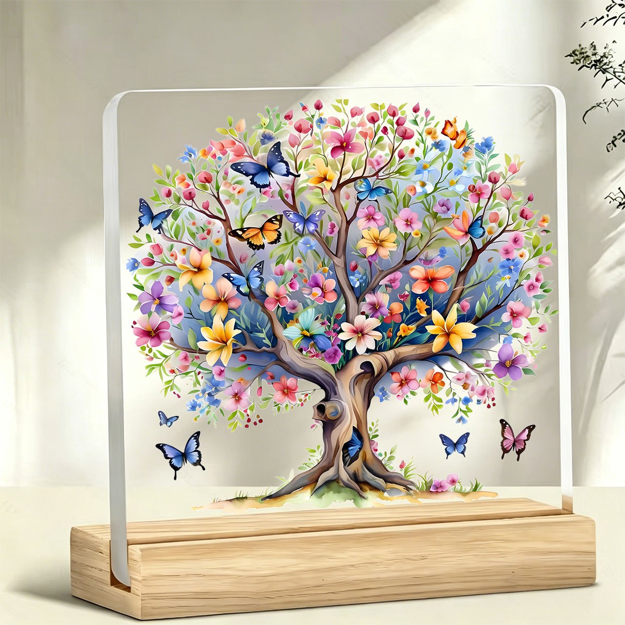 TEMU 2d Flat, 1pc Floral Tree+ "tree Of Life" Slogan Ornament, Warm And Inspirational Slogan, Acrylic Ornament, With Wooden Base, Paperweight, Office