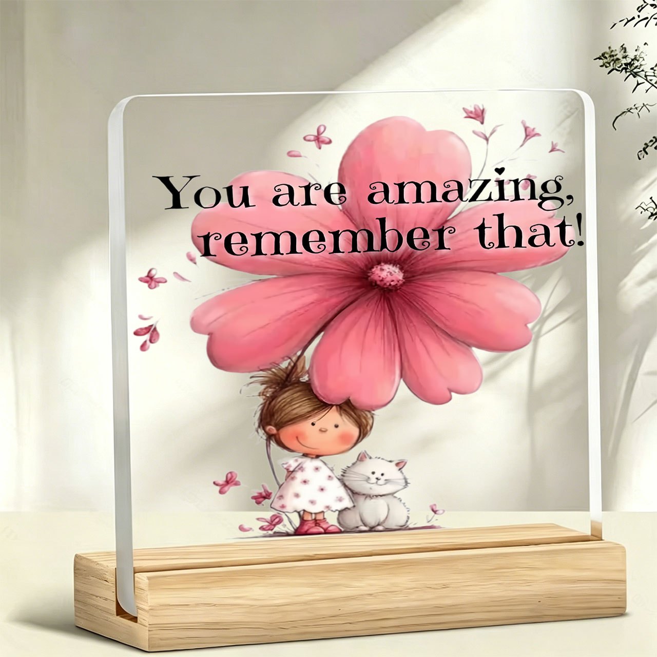 TEMU 1pc Cartoon Girl Cat And "" Slogan Ornament, Warm And Inspirational Slogan, Acrylic Ornament With Wooden Base, Paperweight, Office Desk