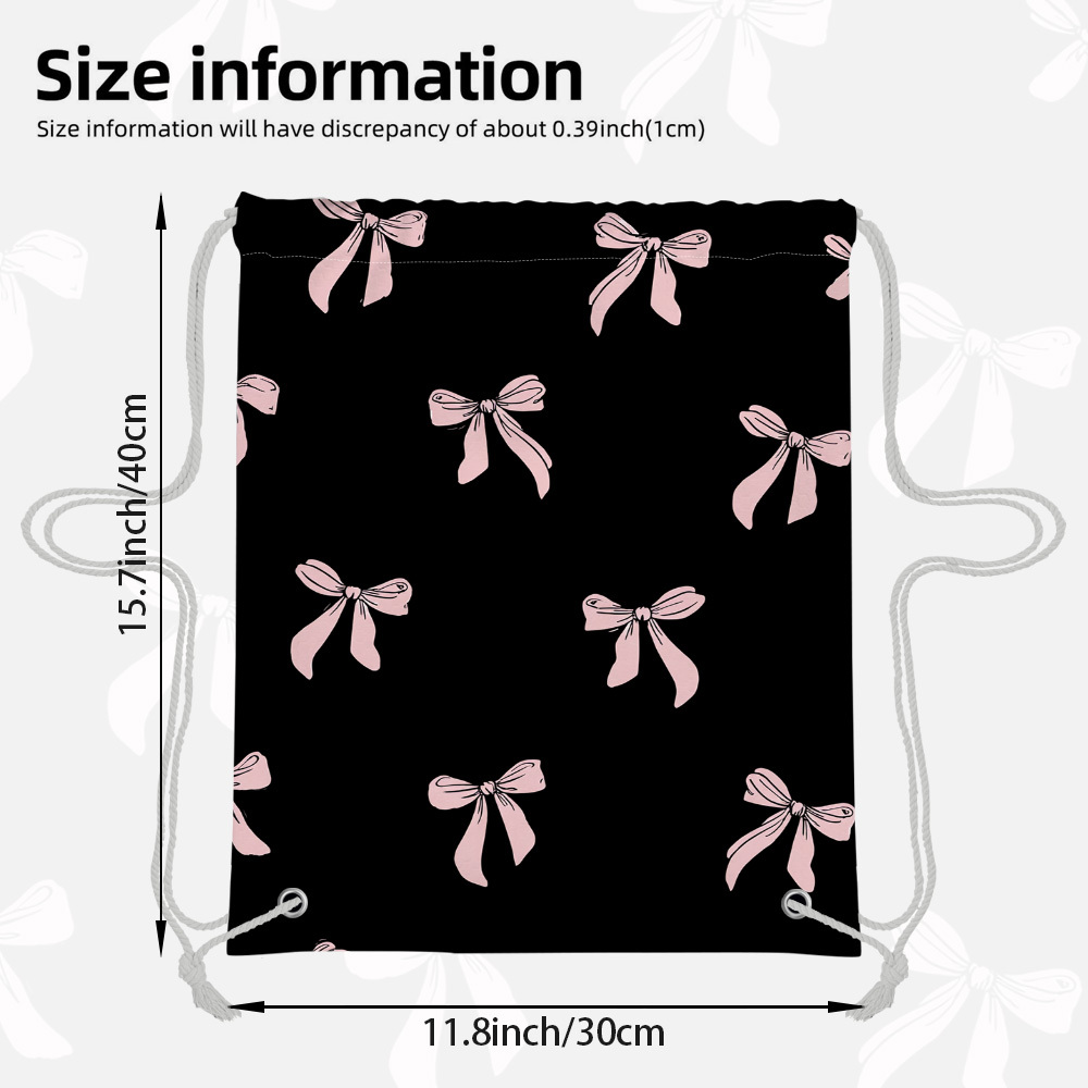 TEMU 1pc 2d Flat Printed Pink Bows Theme Drawstring Backpack, Durable Lightweight Gym Sack With Adjustable Straps, Casual Pull String Bag Perfect For
