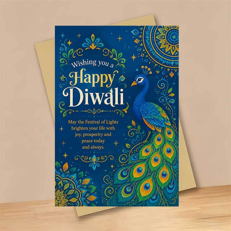 TEMU 1 Greeting Card And 1 Envelope Elegant Peacock Diwali Greeting Card, Featuring A Bird With Vibrant Feathers And Floral Patterns A Happy Diwali,