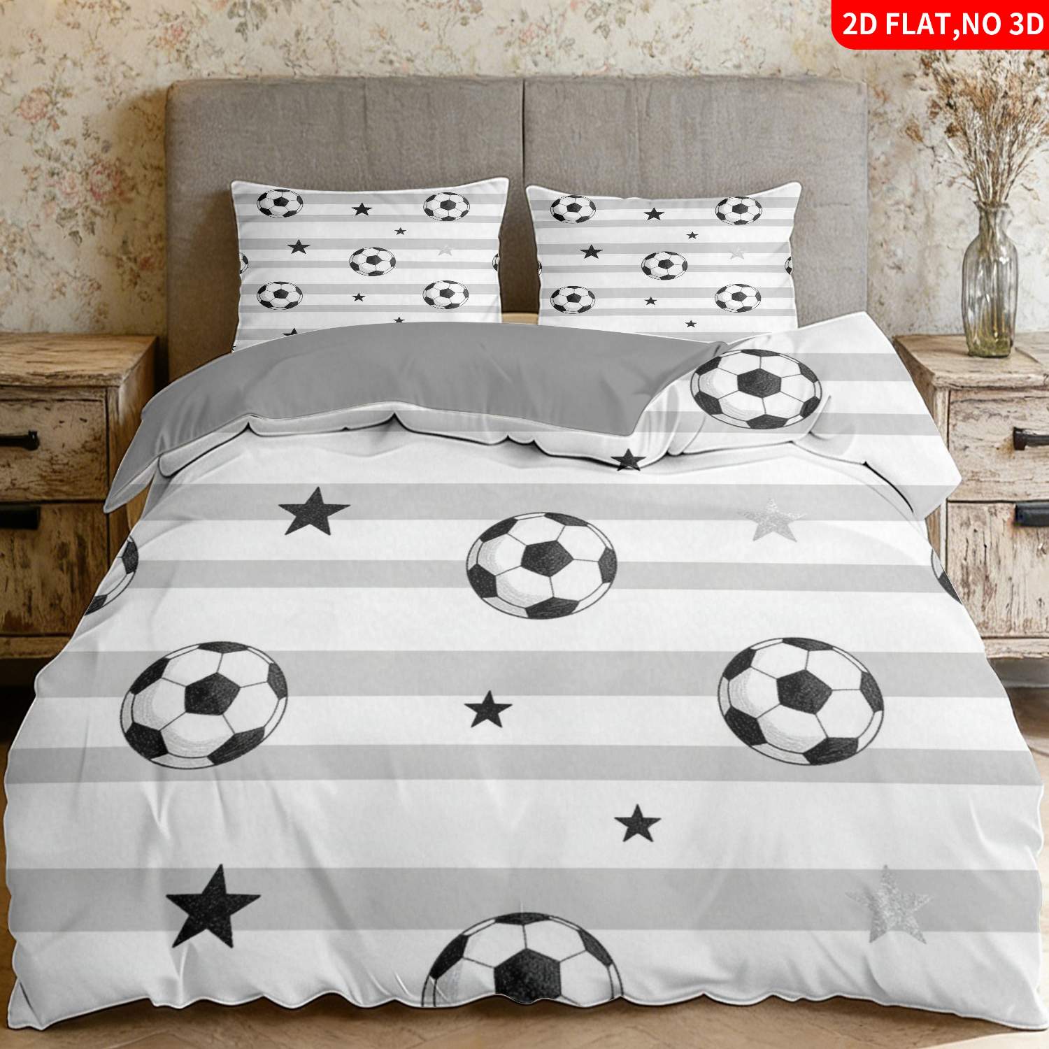 TEMU 2/3pcs 2d Flat Printing Theme Quilt Cover Bedding Black White Gray Soccer Ball Pattern Suitable For Multiple Sizes Available 4 Lining Colors Are