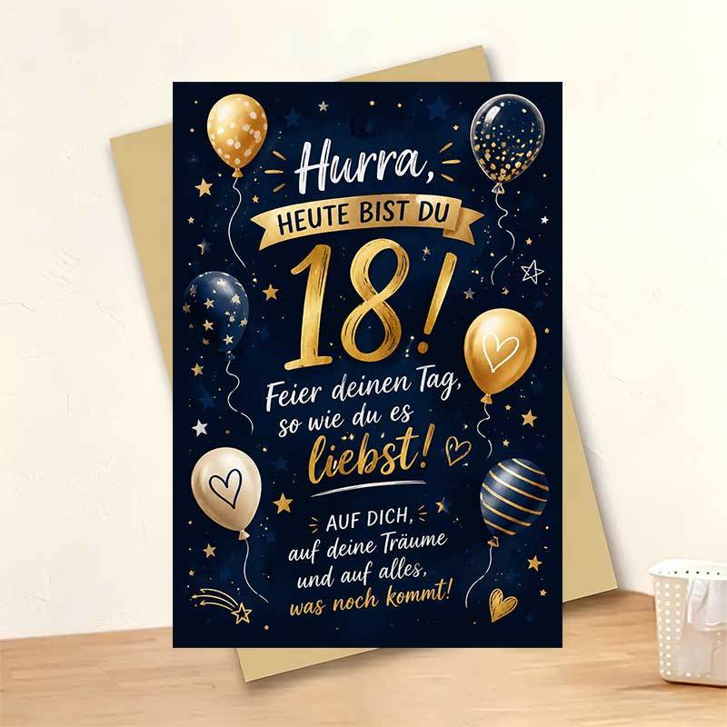 TEMU 1 Greeting Card + 1 Envelope Elegant Sparkling Birthday Greeting Card, Navy Blue Balloons And Golden With Heute Bist Du 18 Text, Perfect For ,