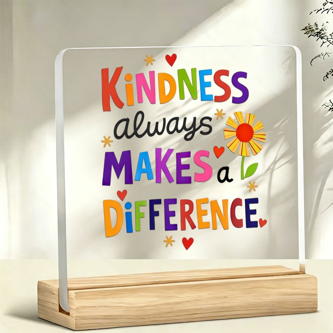 TEMU 2d Flat, 1pc Colorful Alphabet+ "kindness Makes" Slogan Ornament, Warm And Inspirational Slogan, Acrylic Ornament With Wooden Base, Paperweight,