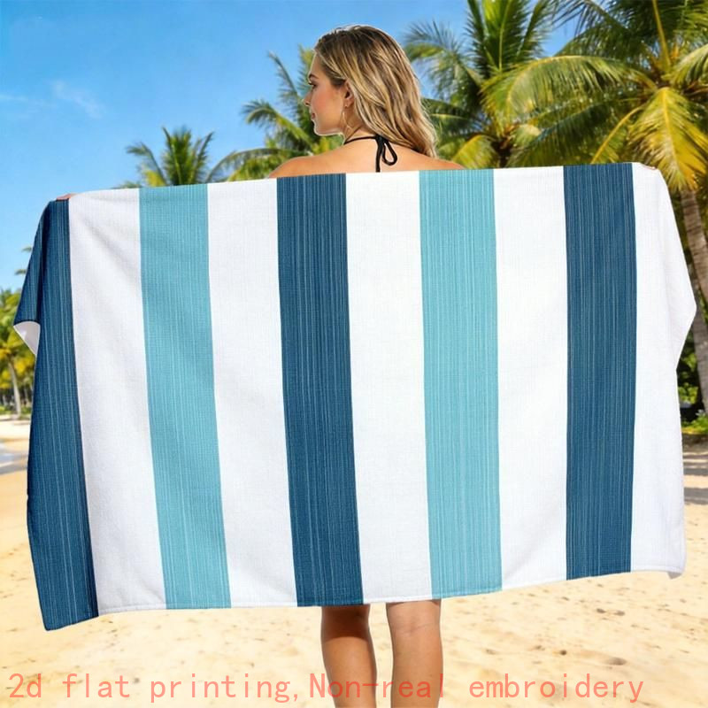 TEMU 2d Flat, 1pc, 2d Flat Printing, Blue And White Vertical Stripe Quick-dry Beach Towel, Seaside Vacation Absorbent Bath Towel. Microfiber Towel Is