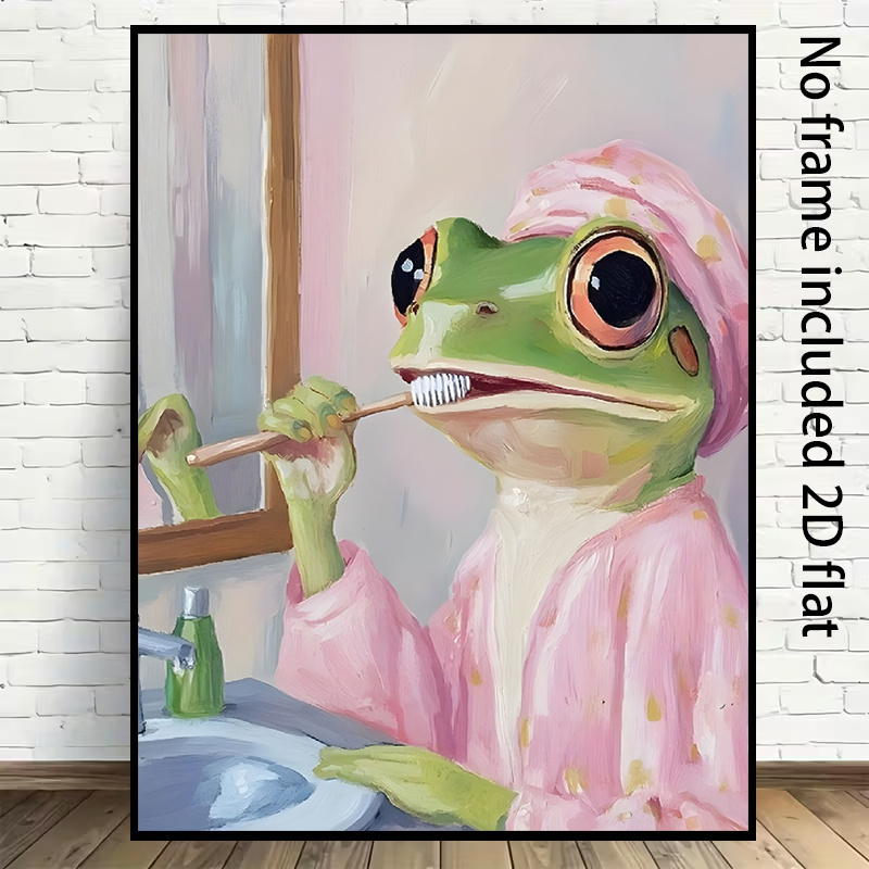 imagen del artículo pintura decorativa en     2d, [2d flat] 1 pieza, pintura de     con diseño de rana   cepillando los dientes,   rosa y toalla adornando la   acogedora del baño sin  , pintura en  , adecuada para gimnasio en casa,  , dormitorio,  , restaurante y bar