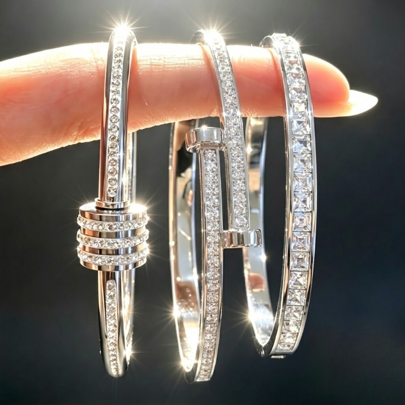 TEMU 3pcs Luxury Zirconia Stainless Steel Bangles, Stackable Cuff Bracelets, Waterproof & Hypoallergenic, Ideal Birthday/valentine Gift