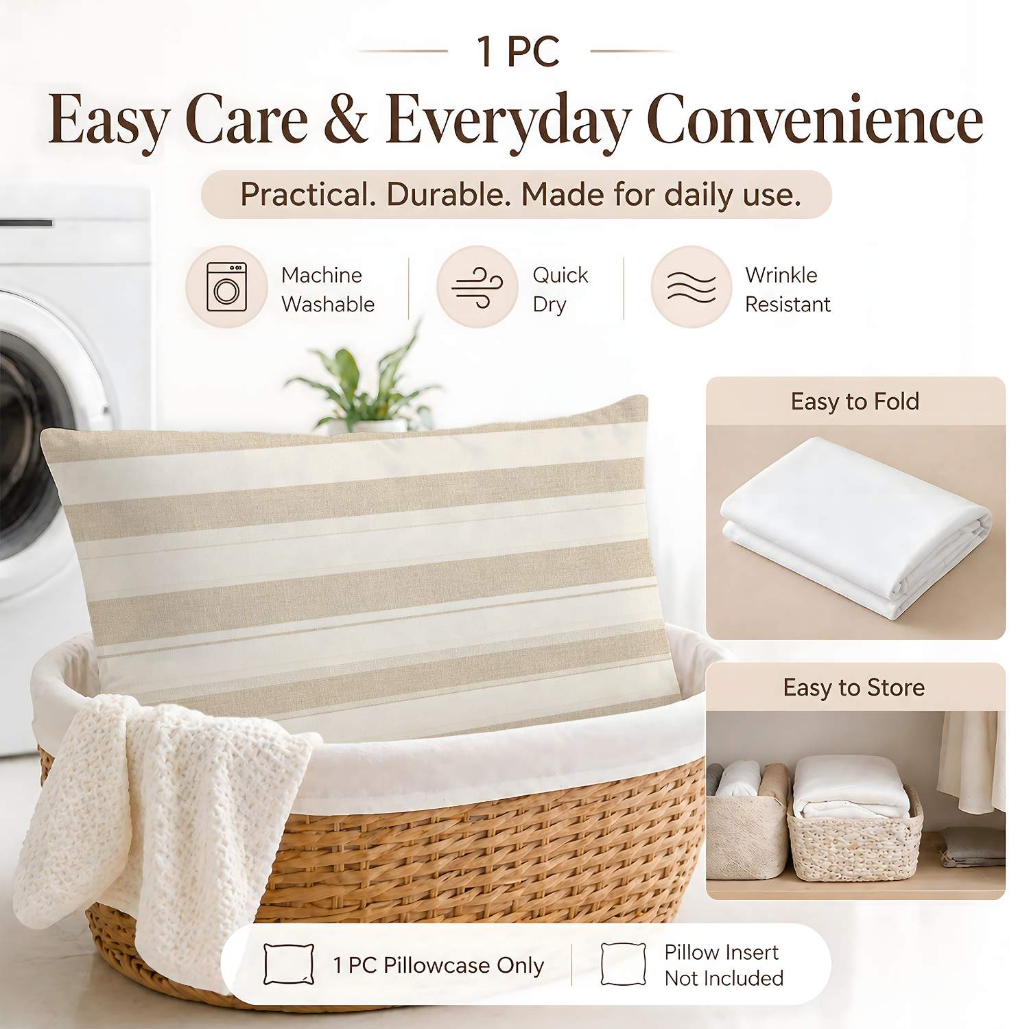 TEMU 1 de almohada (rellenos de almohada no incluidos) con estampado 2D, estilo moderno minimalista, de rayas beige y , ideal para decoración del