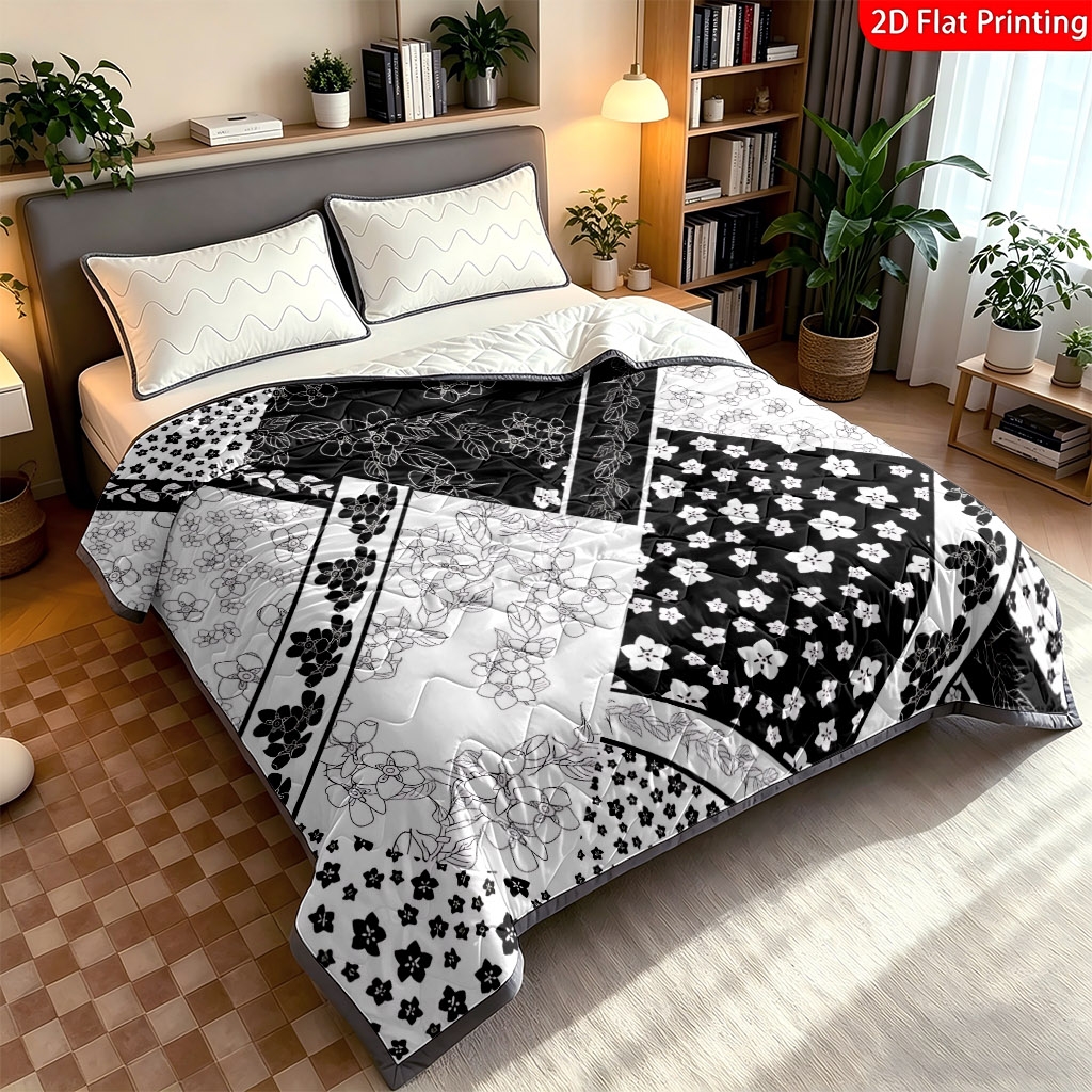 TEMU 1pc 2d Flat Printing Black And White Floral Geometric Pattern Thin Quilt, Skin-friendly Comfortable Breathable, Machine Washable, Wear-resistant