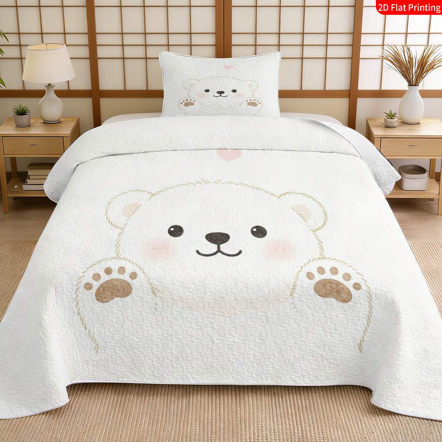 TEMU 2/3pcs 2d Flat Print Cute Polar Bear With Heart Bed Cover Set Multiple Sizes Bedding Festive Decorative Bedding Ideal For Bedroom DÃ©cor(1