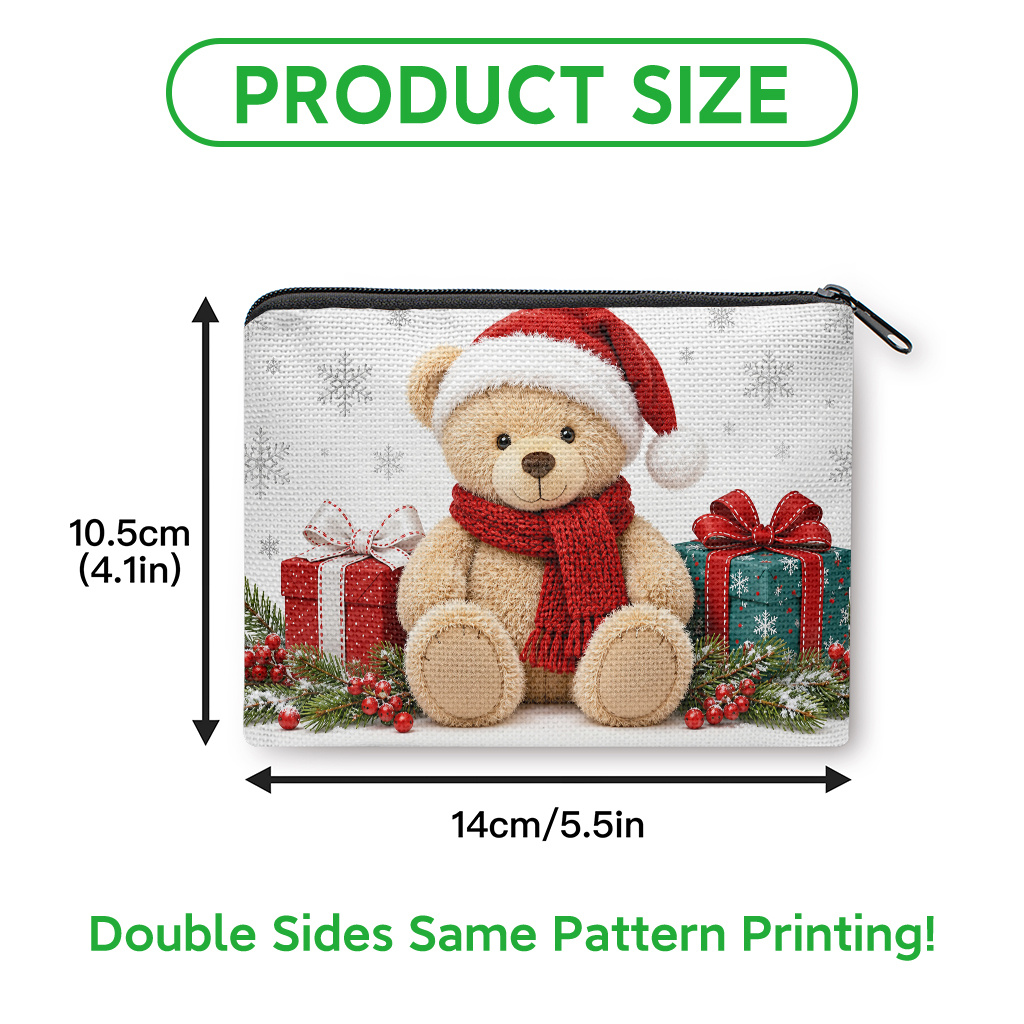 TEMU Coin Purse, Christmas Bear With Red Scarf Print Coin Purse, Zipper Clutch Bag, Makeup And Small Item Storage Pouch, Durable Washable Lightweight