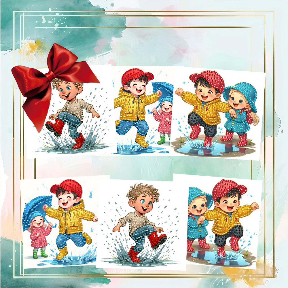 TEMU 6pcs Diamond Painting Kit - Cartoon Happy Person Wading Play Theme Painting Holiday Greeting Card Kit, Special Shaped Art Mosaic Postcard,