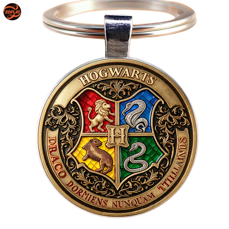 TEMU 1pc 2d Warner . Official Keychain, Featuring The Hogwarts School From Harry Potter Series, In A Vintage Embossed Style With The 4 House Crests
