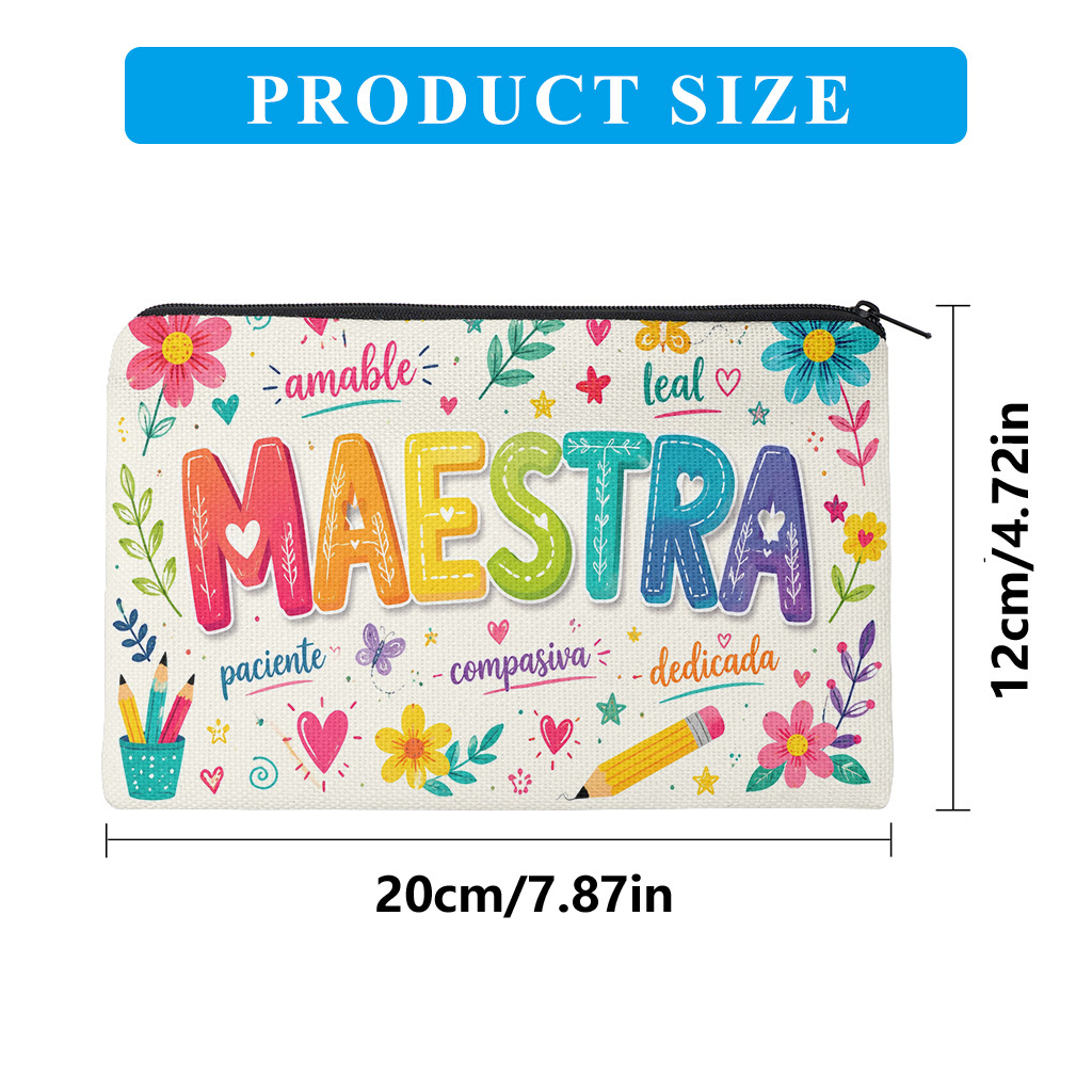 TEMU Pencil Case 1pc, Colorful Teacher Appreciation Design Double-sided Printing Linen Pencil Case, Foldable And Portable Makeup Bag, Large Capacity