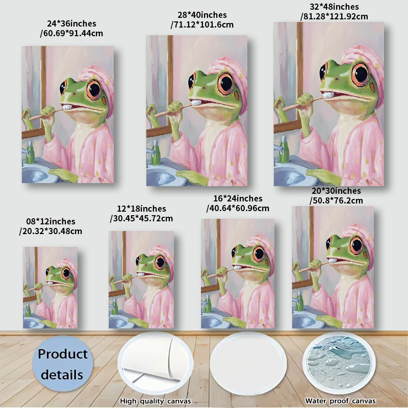 pintura decorativa en     2d, [2d flat] 1 pieza, pintura de     con diseño de rana   cepillando los dientes,   rosa y toalla adornando la   acogedora del baño sin  , pintura en  , adecuada para gimnasio en casa,  , dormitorio,  , restaurante y bar