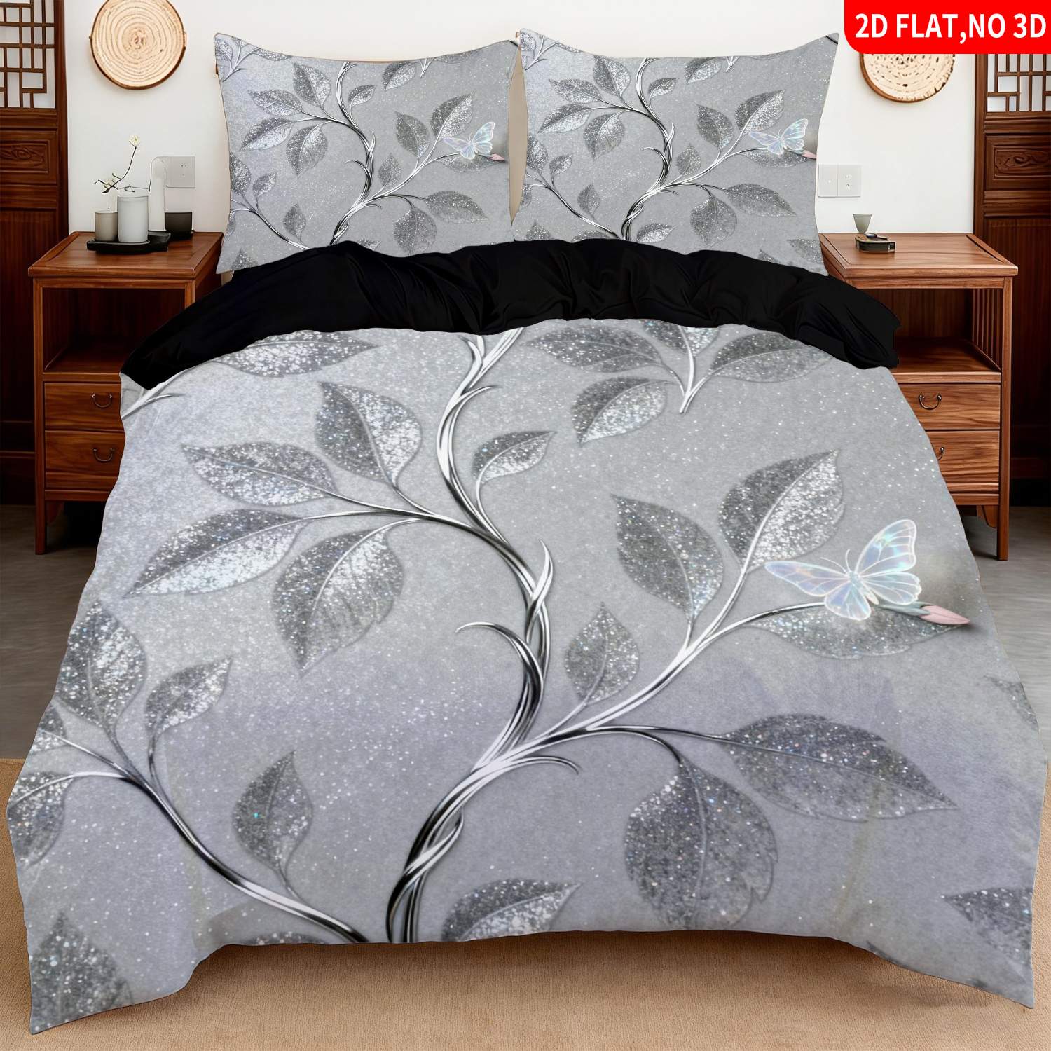 TEMU 2/3pcs 2d Flat Printing Elegant & Quilt Cover Bedding Silver Glittery Branch Pattern Suitable For Multiple Sizes 4 Lining Colors Are An For