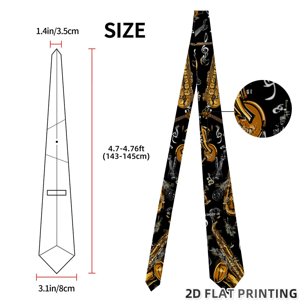 TEMU 1pc Men' Jazz-themed Necktie With Saxophone & Music - Suitable For Parties, Daily Wear, Gifts - Elegant Jazz Accessory For Musicians, Flat Tie