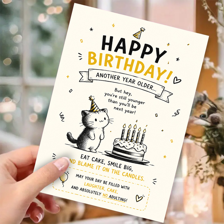 item picture one greeting card along with one envelope funny birthday greeting card for friends and coworkers featuring a cute     celebrating another year of adulthood with humor